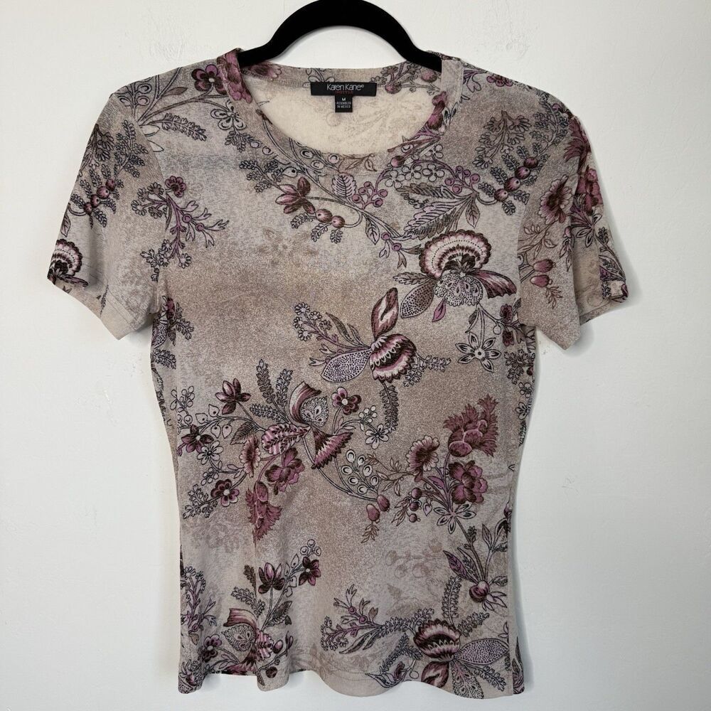 Vintage Womens Fairy Floral Y2K Fitted Sheer Top SZ M Pink Flowers Fairy Grunge